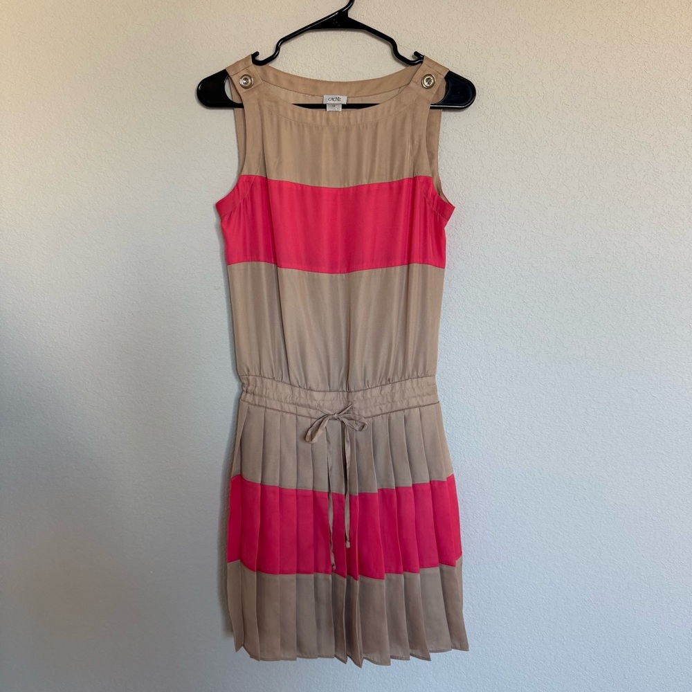 Cache Satin Tan Pink Color Block Blouson Shirt Dress Pleated Tank Mini‎ Preppy